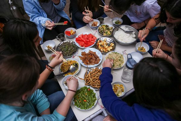 Students trying new food in Asia