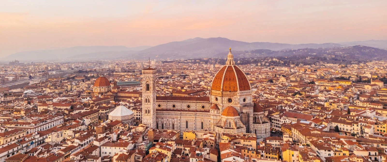 Arial view of Florence Italy featuring the Duomo. 