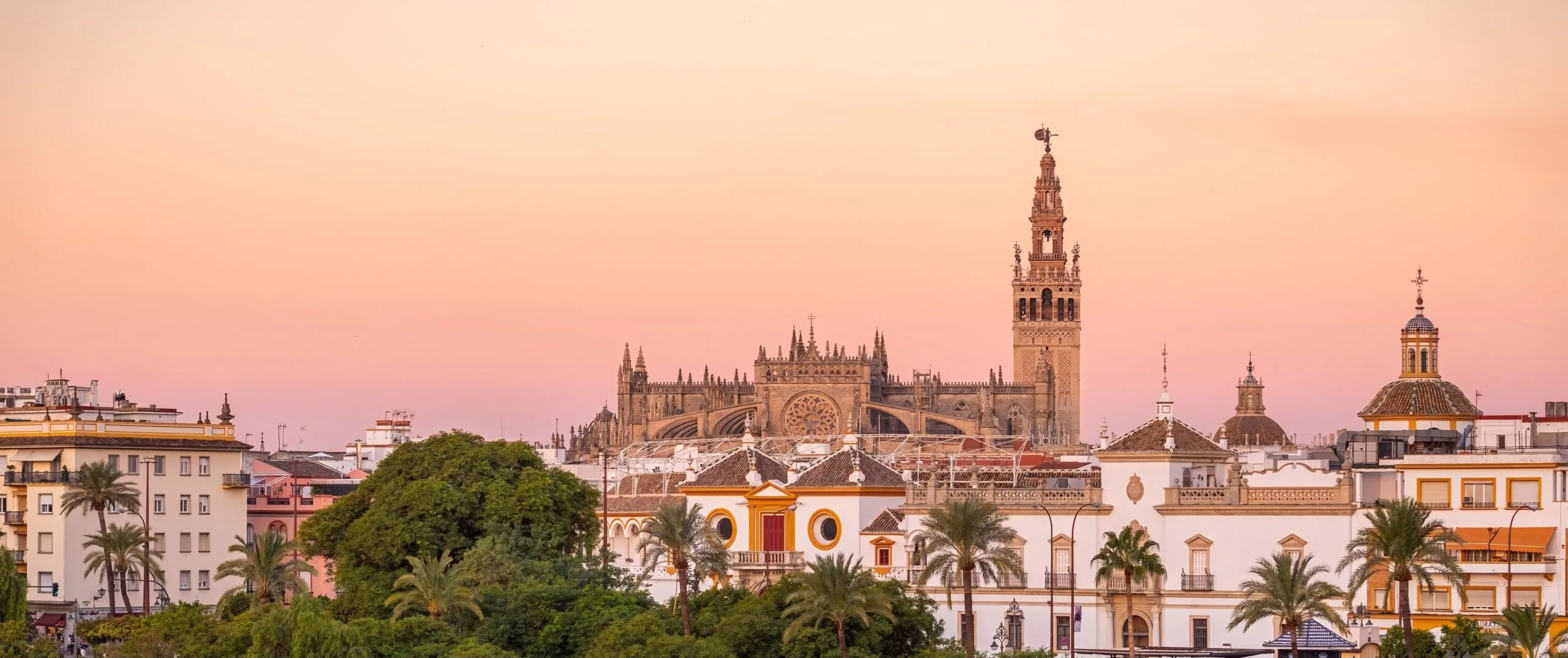 Seville, Spain arial shot featuring La Giralda and the Cathedral. 