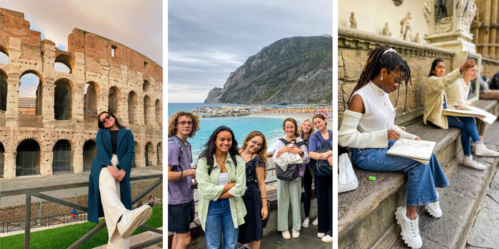 Students posing behind backdrops in Rome and Cinque Terre.