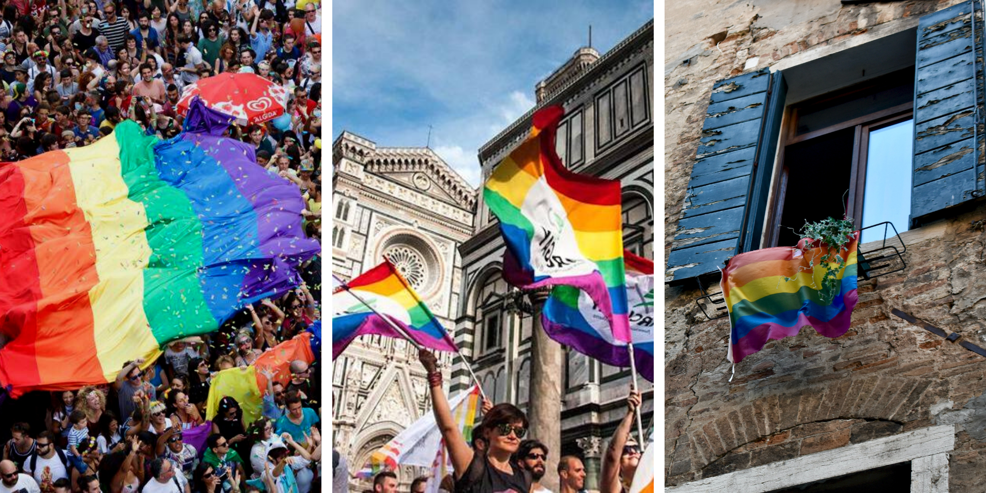 LGBTQ+ pride flags and a parade in Florence, Italy.