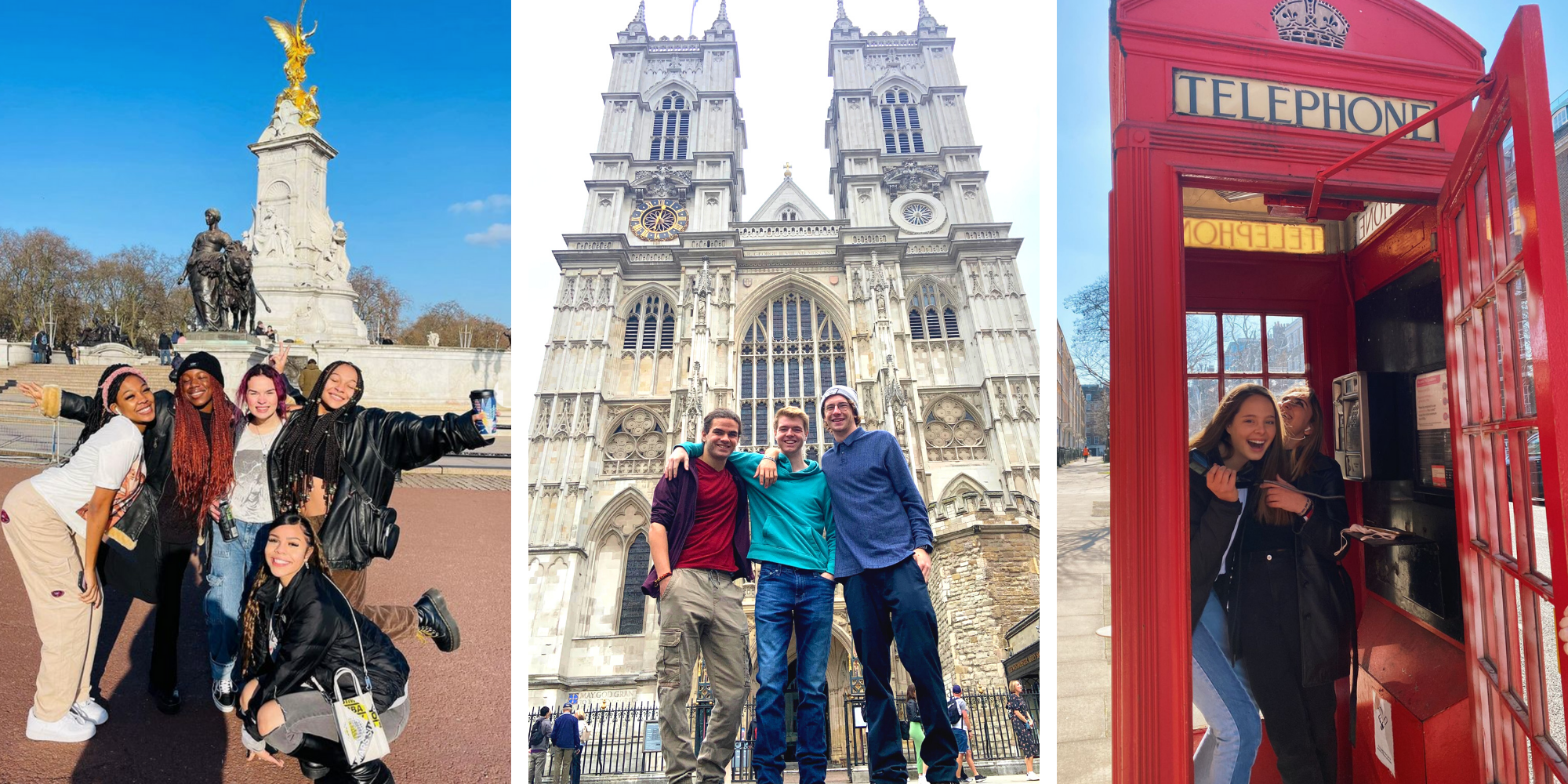 Groups of students posing in front of various landmarks listed in this London travel guide for studying abroad in London.