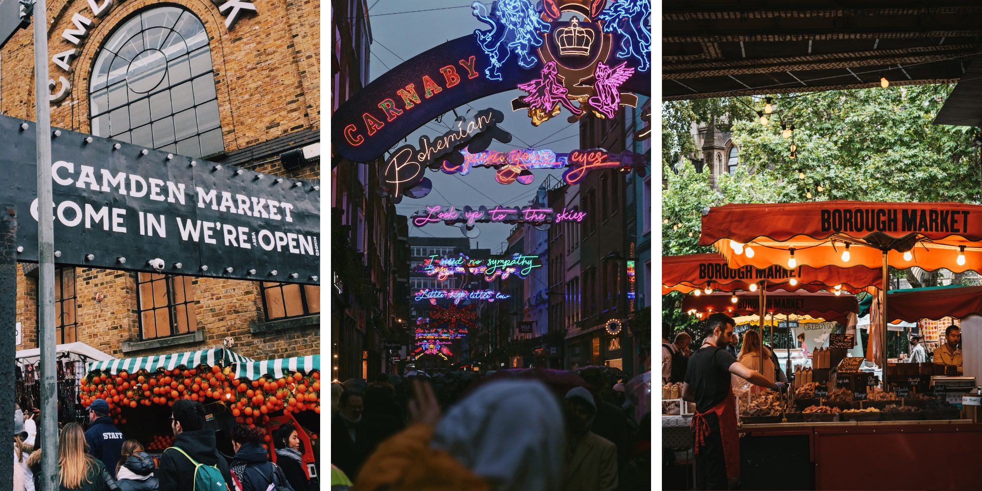 Photos of Camden Market, Borough Market, and Carnaby Street with food listed in this London travel guide for studying abroad in London.