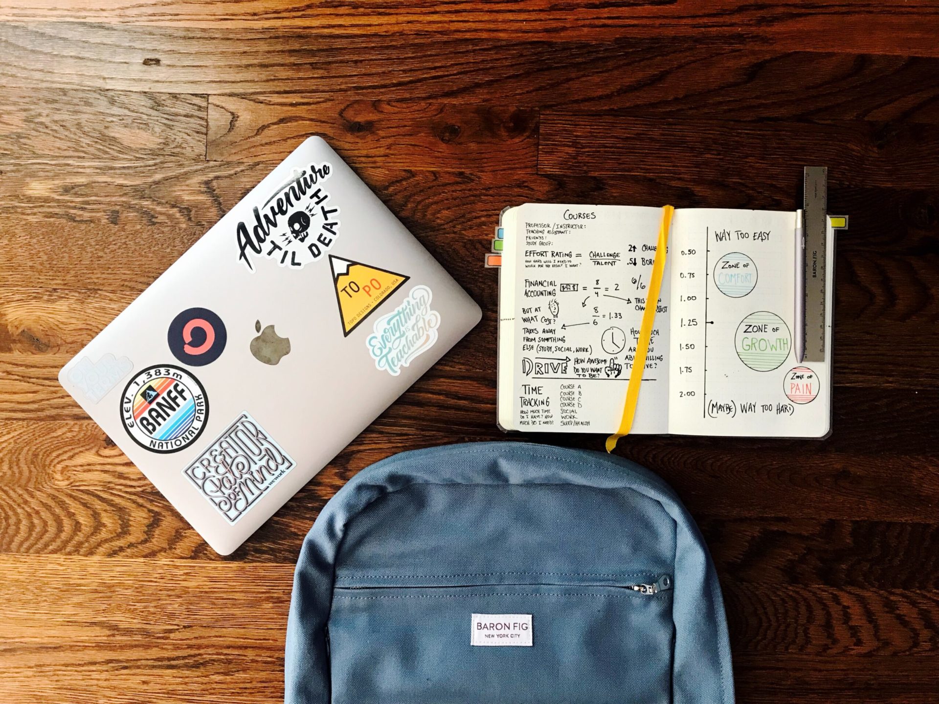 Study materials (laptop, notebook, backpack)